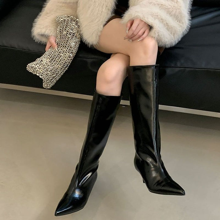 Damen Kniehohe Lackstiefel mit spitzer Zehenform und schlankem Kitten-Absatz Drune