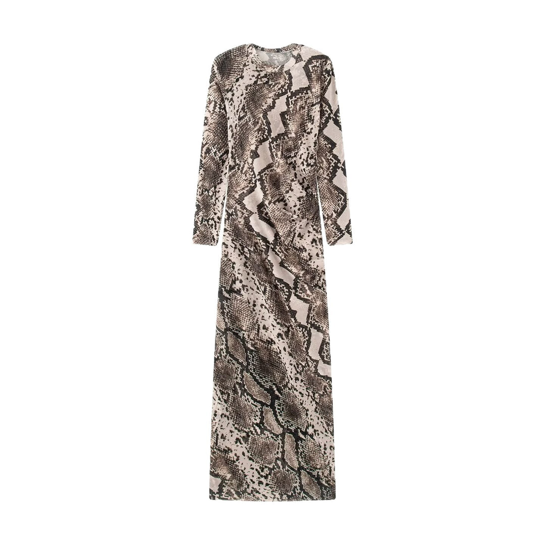 Damen Figurbetontes Maxikleid mit Allover‑Schlangenprint und langen Ärmeln Drune