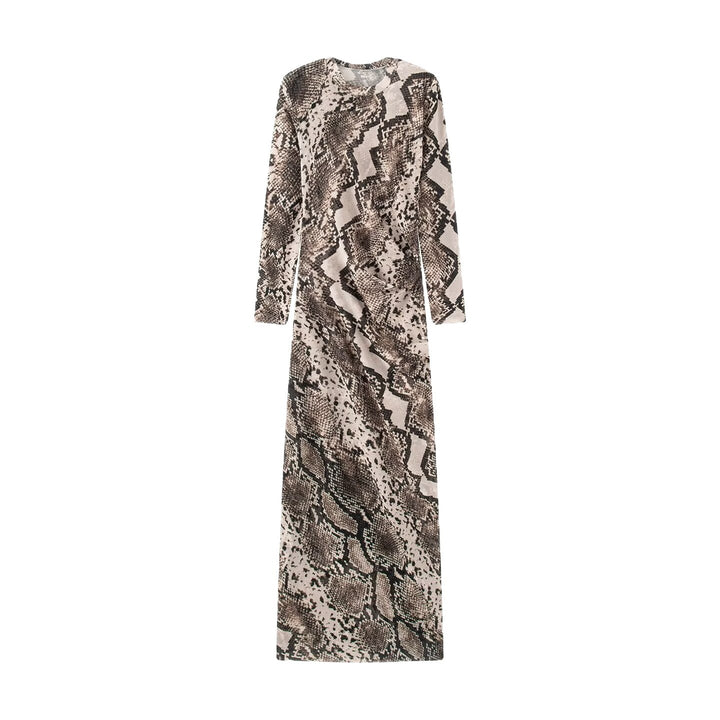Damen Figurbetontes Maxikleid mit Allover‑Schlangenprint und langen Ärmeln Drune