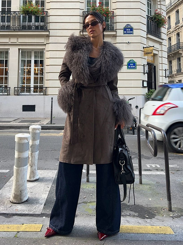 Damen Mantel aus Veloursleder‑Optik mit voluminösem Faux‑Fur‑Schalkragen, Fellmanschetten & Taillengürtel Drune