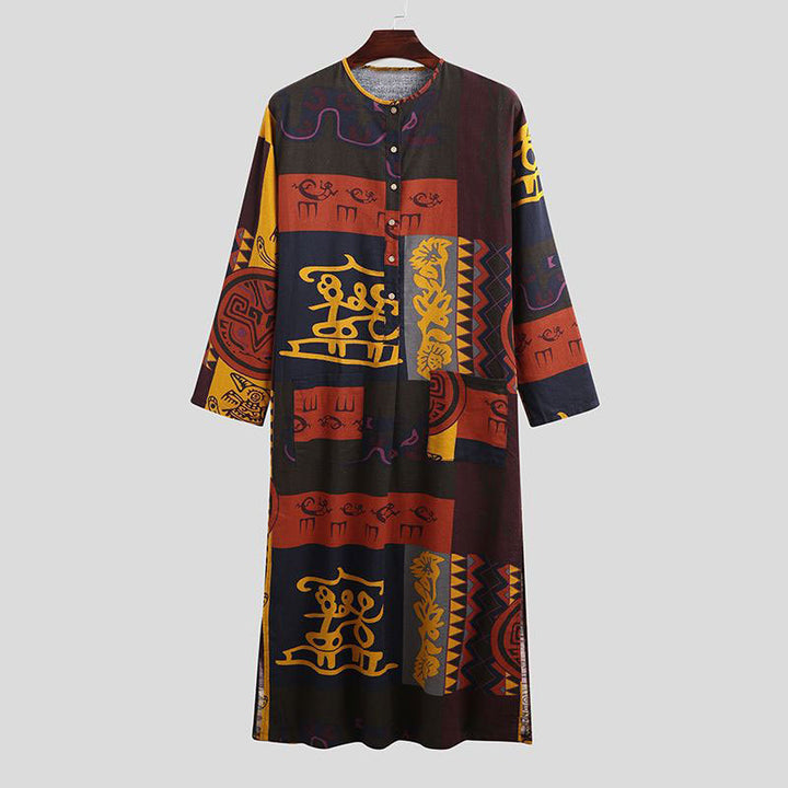 Damen nan Ethno-Maxikleid mit Stehkragen, kurzer Knopfleiste, überschnittenen Ärmeln und A-Linien-Schnitt Drune