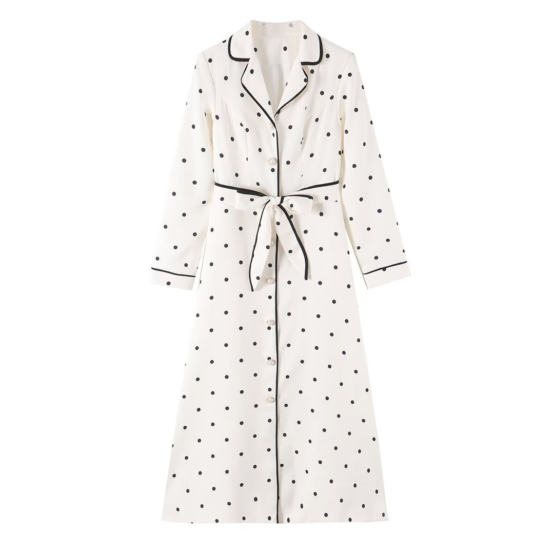 Damen Midi-Hemdblusenkleid mit Polka‑Dot, Kontrastpaspel und Taillengürtel Drune