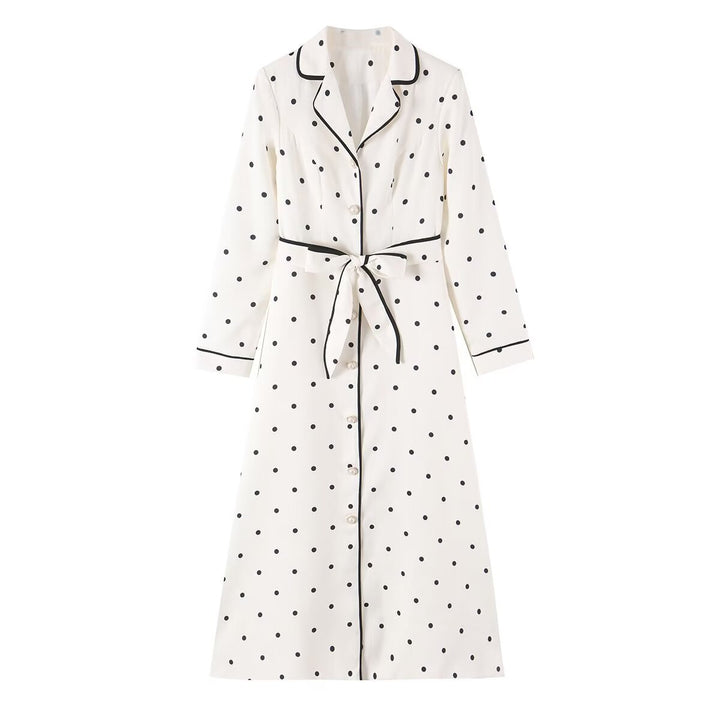 Damen Midi-Hemdblusenkleid mit Polka‑Dot, Kontrastpaspel und Taillengürtel Drune