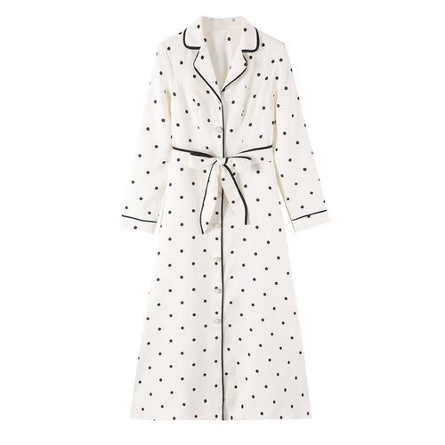 Damen Midi-Hemdblusenkleid mit Polka‑Dot, Kontrastpaspel und Taillengürtel Drune