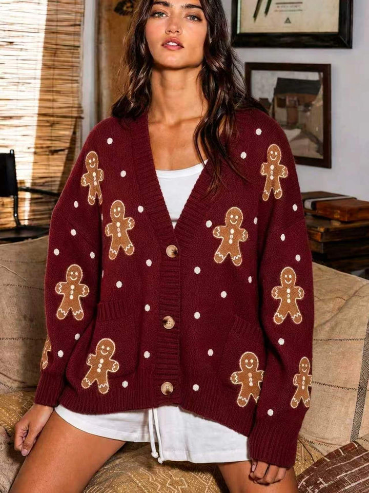 Damen nan oversized Strickcardigan mit Lebkuchenstickerei und tiefem V-Ausschnitt Drune