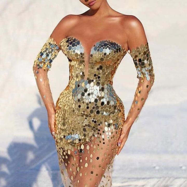 Damen Glamouröses Partykleid mit Pailletten und tiefem Ausschnitt Drune