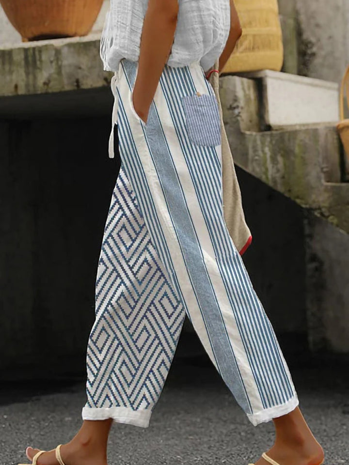 Damen Weite Leinenhose mit handgewebtem Muster Drune