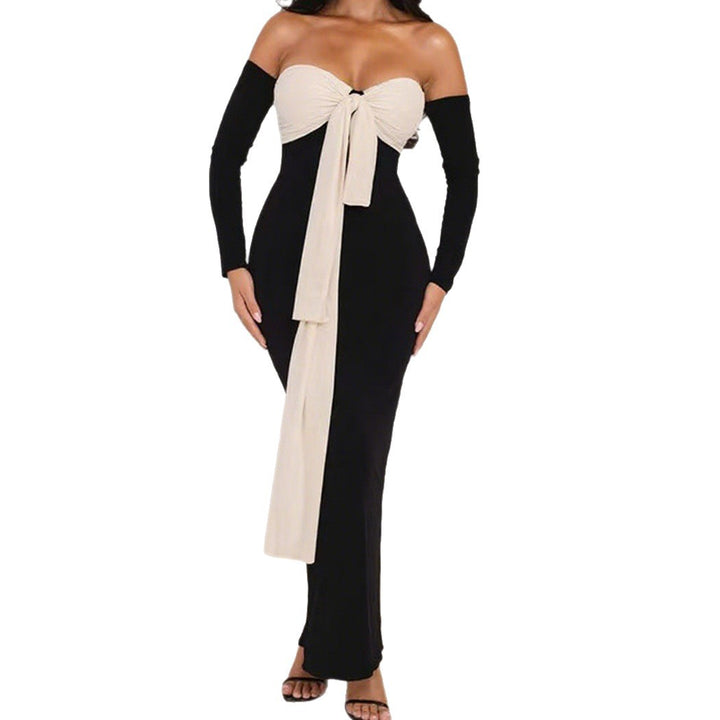 Damen Elegantes Off-Shoulder Maxikleid mit dekorativem Knoten und langen Ärmeln Drune