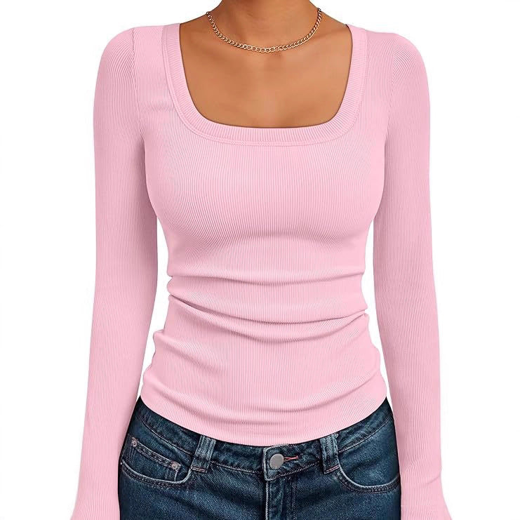 Damen Figurnahes Ripp-Langarmshirt mit weitem Carré-Ausschnitt und Stretch-Baumwollmix Drune