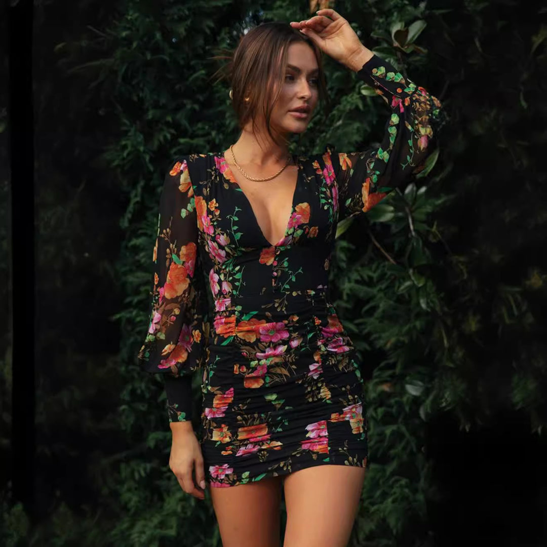 Damen figurbetontes Minikleid mit floralem Design und Rüschendetails Drune