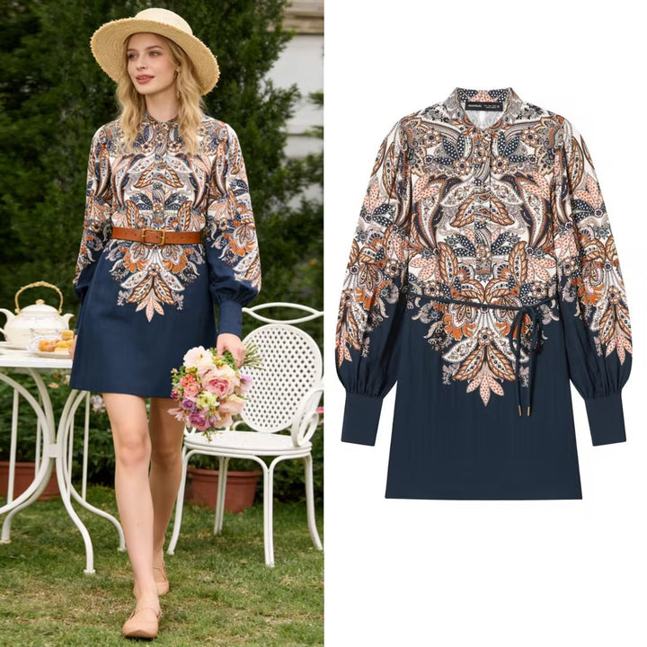 Damen Gemustertes Tunika-Kleid mit Bindegürtel, Stehkragen und Ballonärmeln Drune