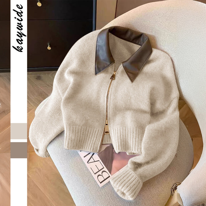 Damen nan kurz geschnittener Strickblouson mit Kunstlederkragen und goldfarbenem Metallreißverschluss Drune