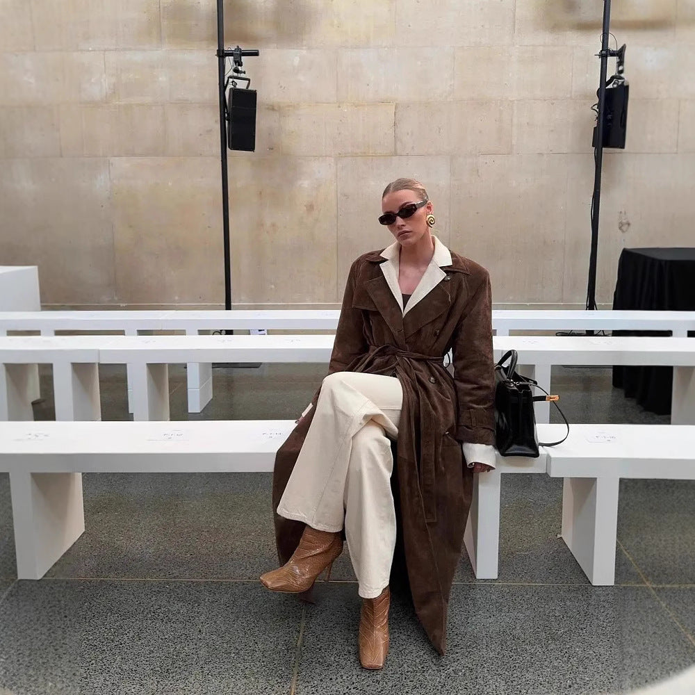 Damen elegante Kunstleder-Trenchcoat mit taillierbarem Gürtel Drune
