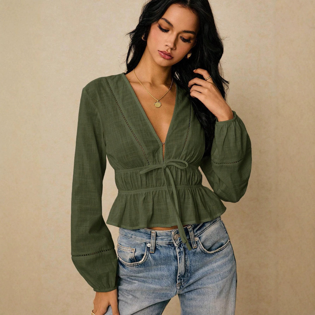 Damen Bluse mit tiefem V‑Ausschnitt, Kordel‑Taillenband und Volant Drune