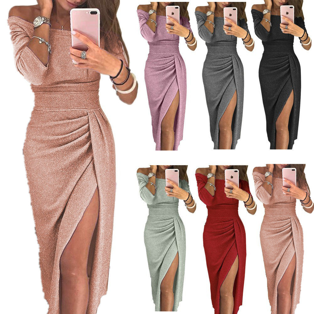 Damen Off-Shoulder Maxikleid mit Rüschendetails und hohem Schlitz Drune