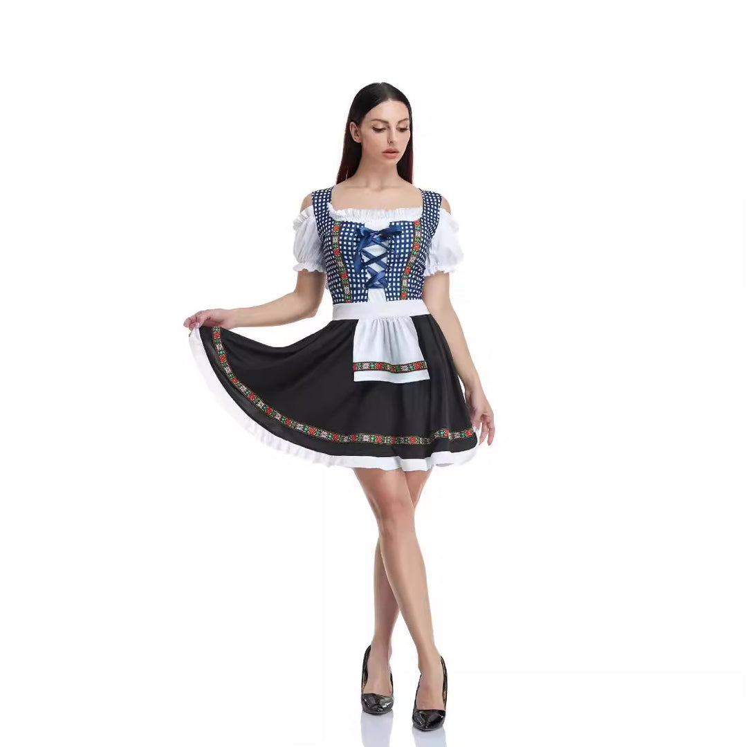Damen  traditionelles bayerisches Dirndl mit geschnürtem Mieder, kurzer Rocklänge und Schürze Drune