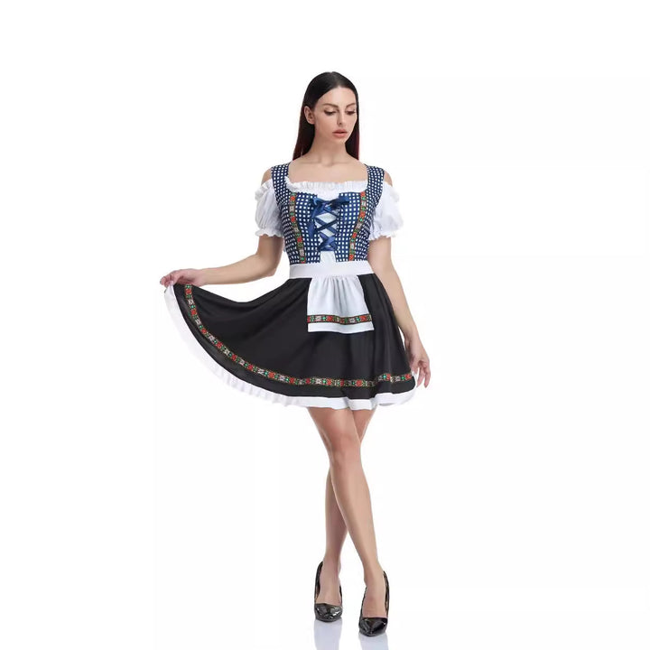 Damen  traditionelles bayerisches Dirndl mit geschnürtem Mieder, kurzer Rocklänge und Schürze Drune