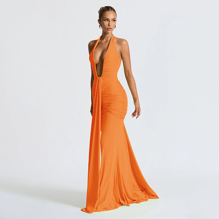 Damen Elegantes Maxi-Kleid mit tiefem V-Ausschnitt und Rüschendetails Drune