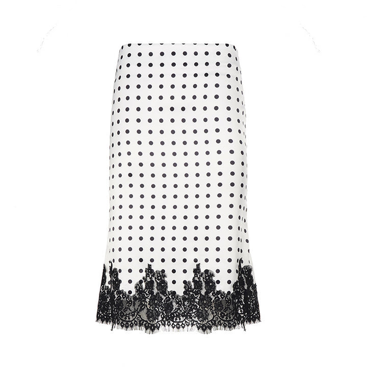 Damen Taillierter A‑Linien Midirock mit Polka‑Dot Print und Spitzenbordüre Drune