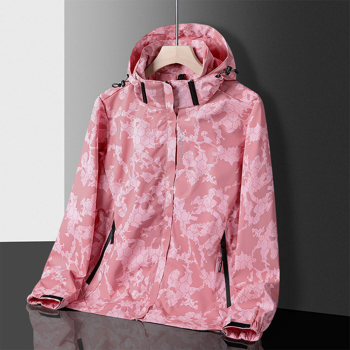 Herren leichter wasserdichter Softshell‑Hoodie mit Kapuze und Tarn‑Hex‑Alloverprint Drune