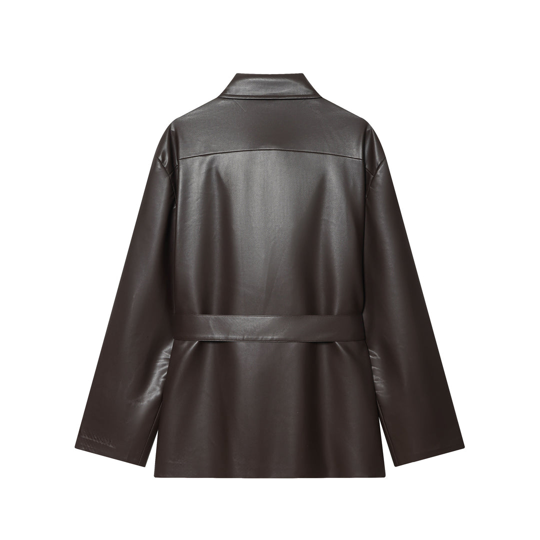 Damen nan taillierte Kunstleder-Hemdjacke mit Bindegürtel und Pattentaschen Drune