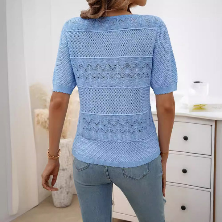 Damen luftiges Strickoberteil mit modischen Lochmuster und charmantem Rüschenabschluss Drune