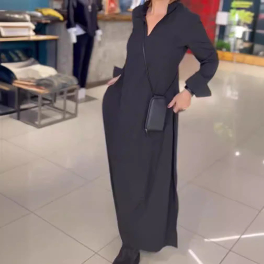 Damen Lange Maxi Kleid mit Stehkragen, Seitentaschen und Lockerem Fall Drune