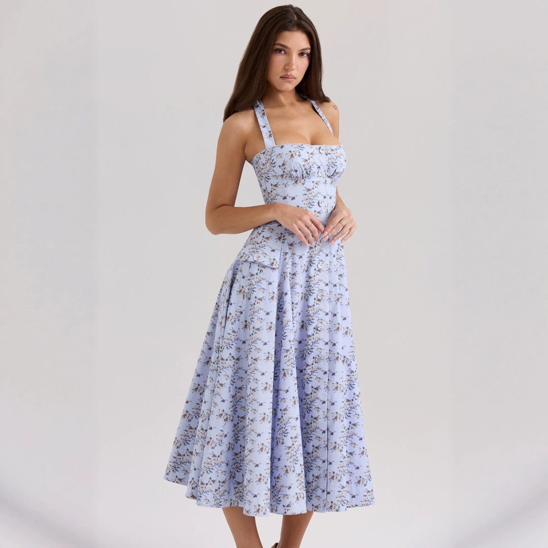 Damen A-Linien Kleid mit schulterfreiem Design und floralem Print Drune