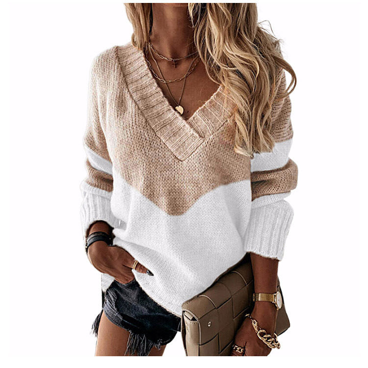 Damen V‑Ausschnitt Strickpullover mit Leo‑Print und Colorblock‑Design Drune