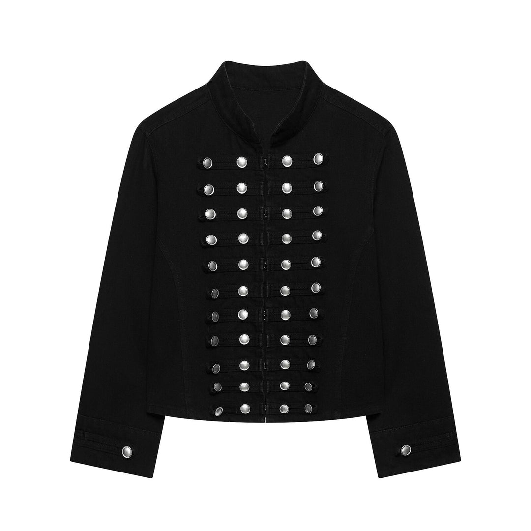 Damen Taillierte Denim‑Blazerjacke im militärisch inspirierten Marschallstil mit Zierknopfleiste Drune