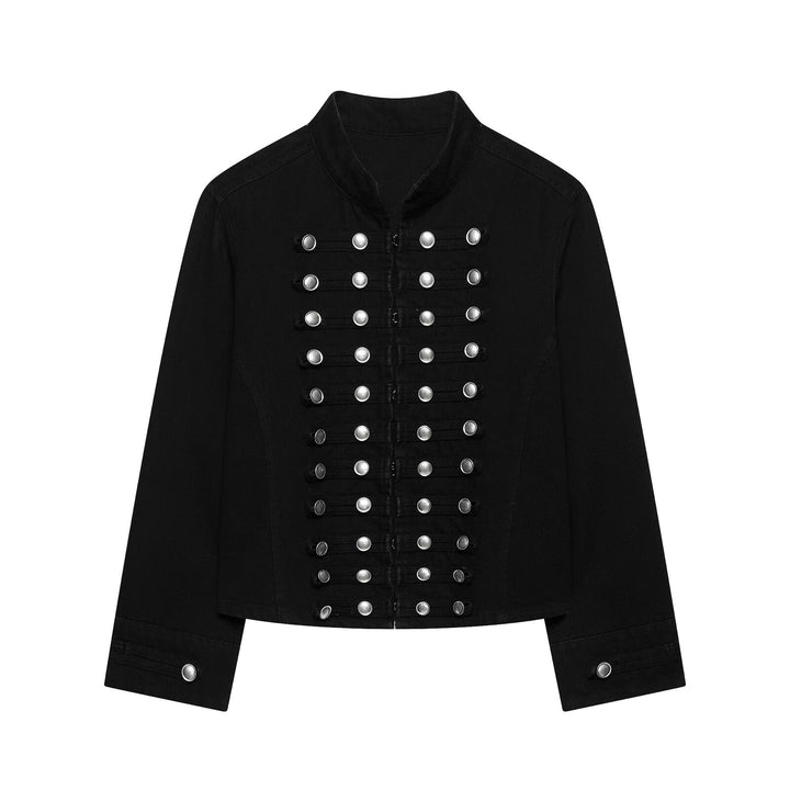 Damen Taillierte Denim‑Blazerjacke im militärisch inspirierten Marschallstil mit Zierknopfleiste Drune
