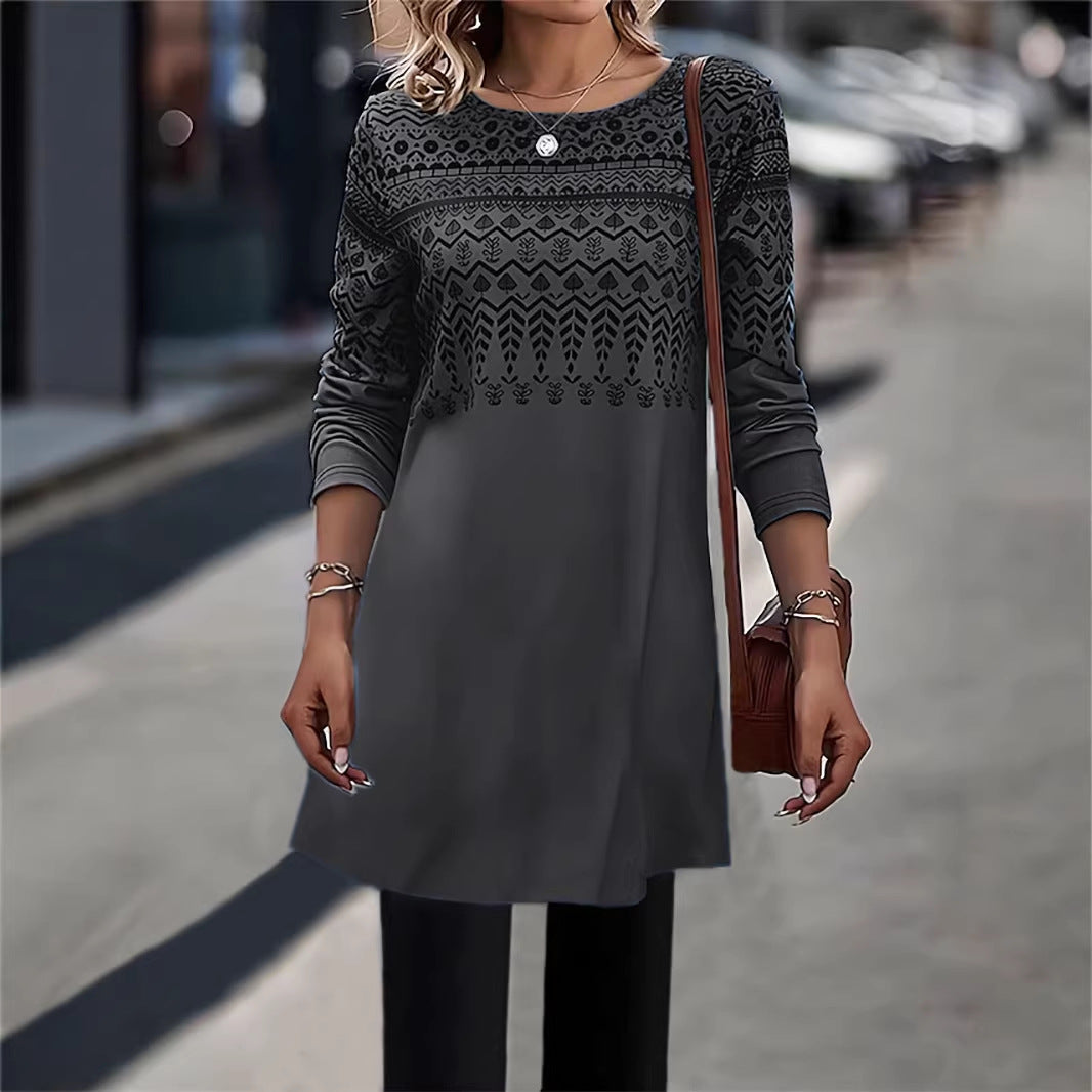 Frauen Longline Tunika Kleid mit Ethno Druck und Rundhalsausschnitt Drune