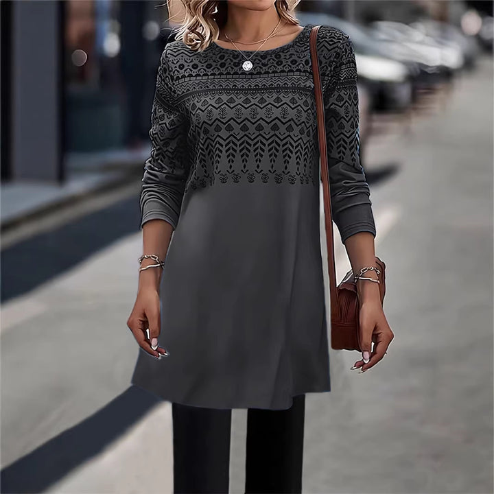 Frauen Longline Tunika Kleid mit Ethno Druck und Rundhalsausschnitt Drune