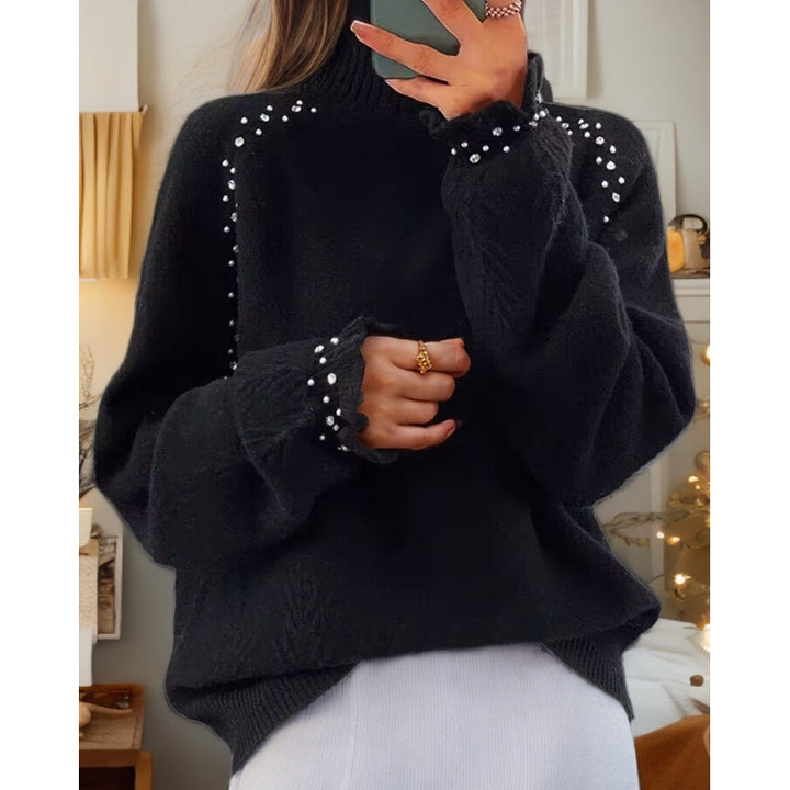Damen nan Oversize Strickpullover mit Stehkragen und Perlendetails Drune