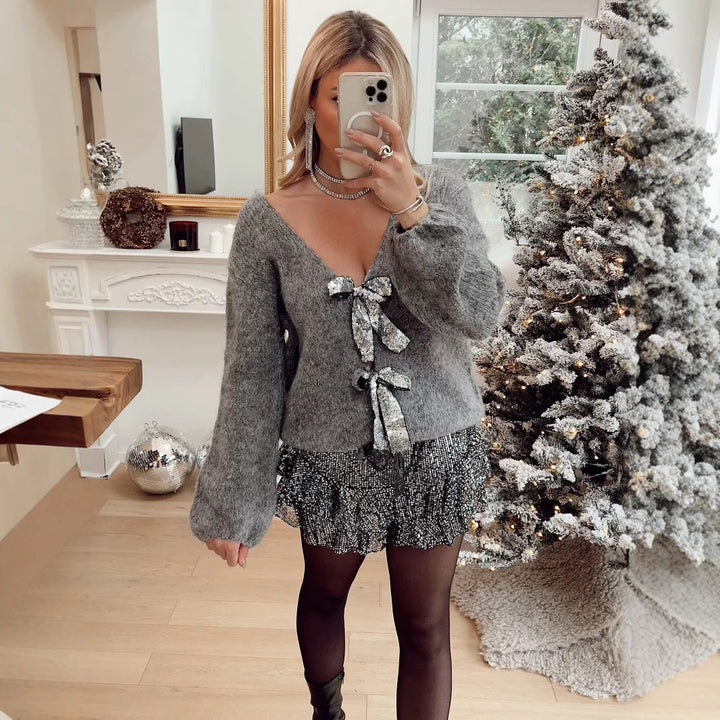 Damen Oversize-Strickcardigan mit V‑Ausschnitt und Pailletten‑Schleifen Drune