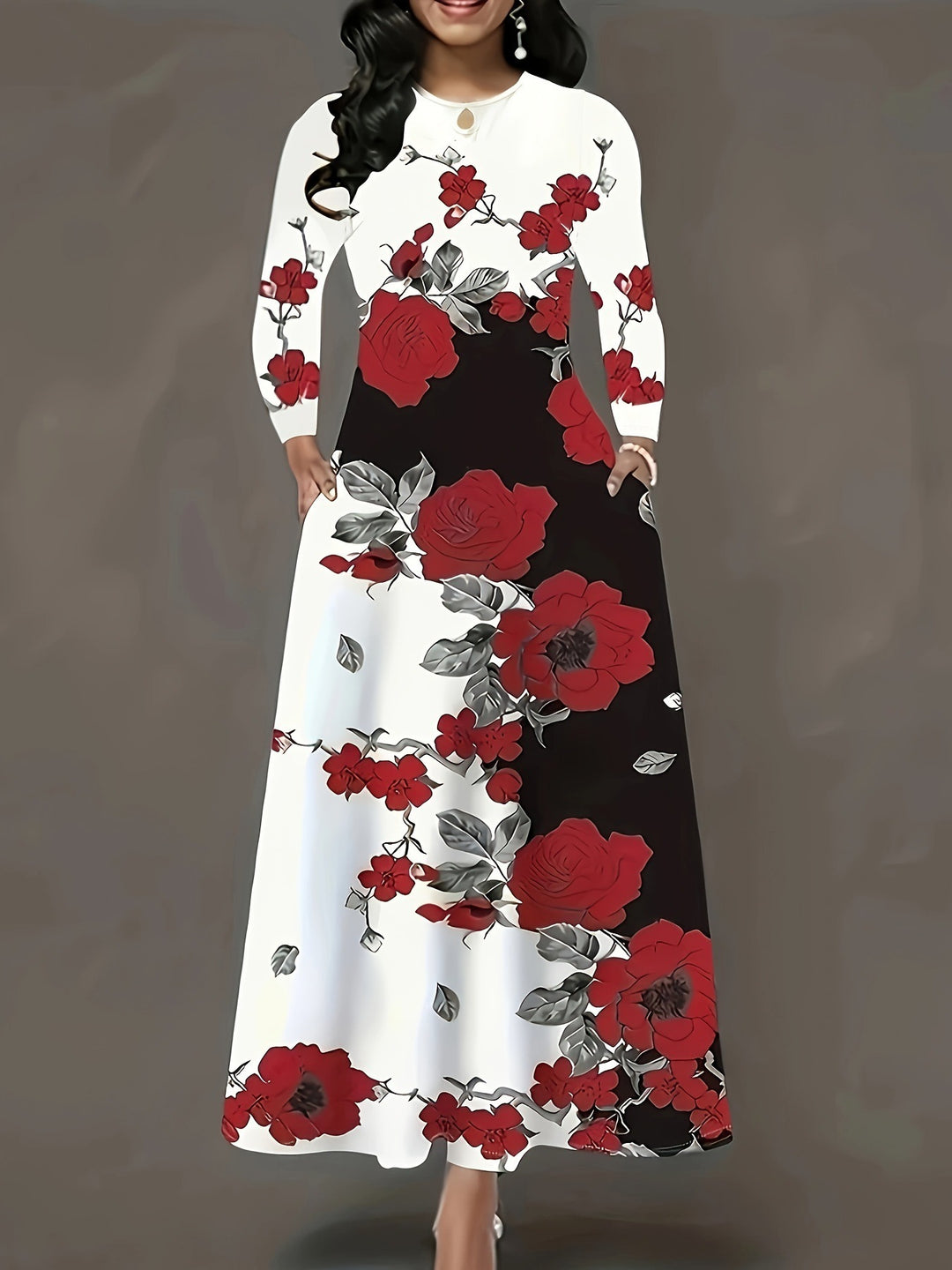 Damen Maxikleid mit floralem Allover-Print, A‑Linie, Langarm und Schlitzdetail Drune