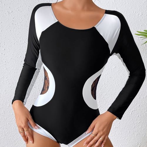 Damen Sportlicher Langarm Badeanzug mit transparenten Einsätzen Drune