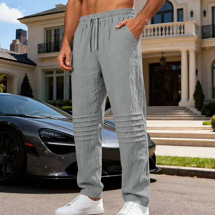 Herren Leinenoptik-Loungehose mit Tunnelzug elastischem Bund und abgesteppten Kniepanelen Drune