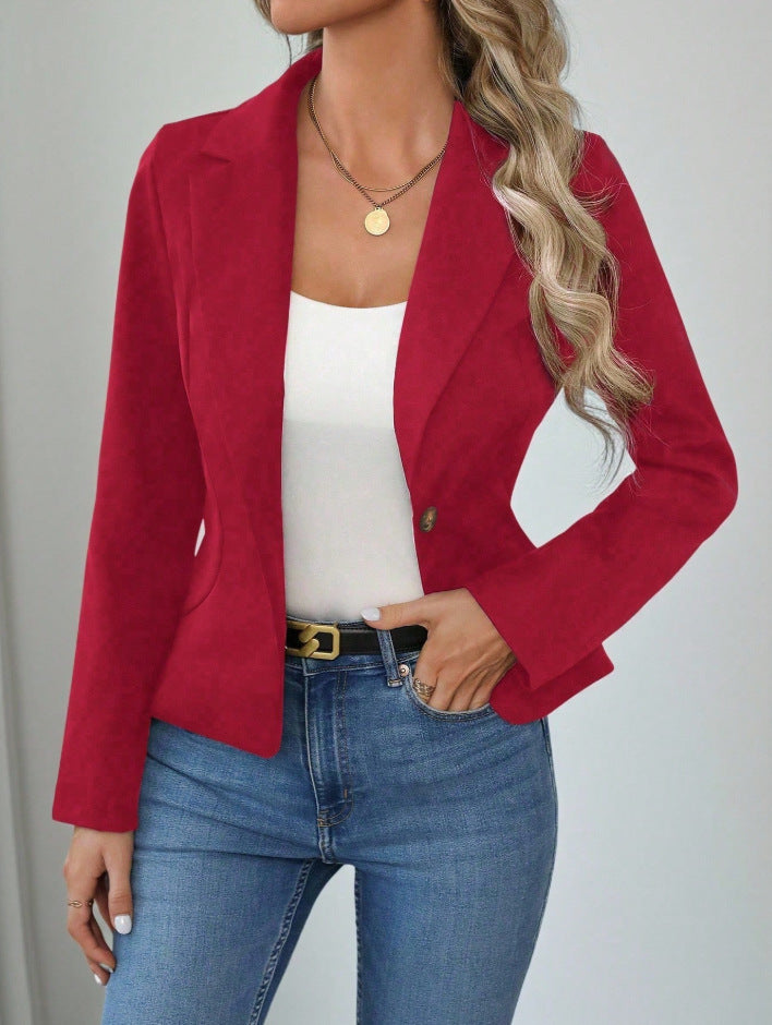 Damen nan taillierter Ein-Knopf-Blazer mit Reverskragen und Eingrifftaschen Drune