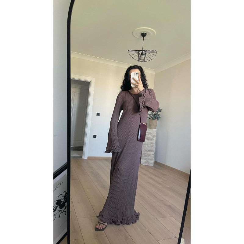Damen Geripptes Maxikleid mit langen Ärmeln, Volantmanschetten und Rüschenabschluss Drune