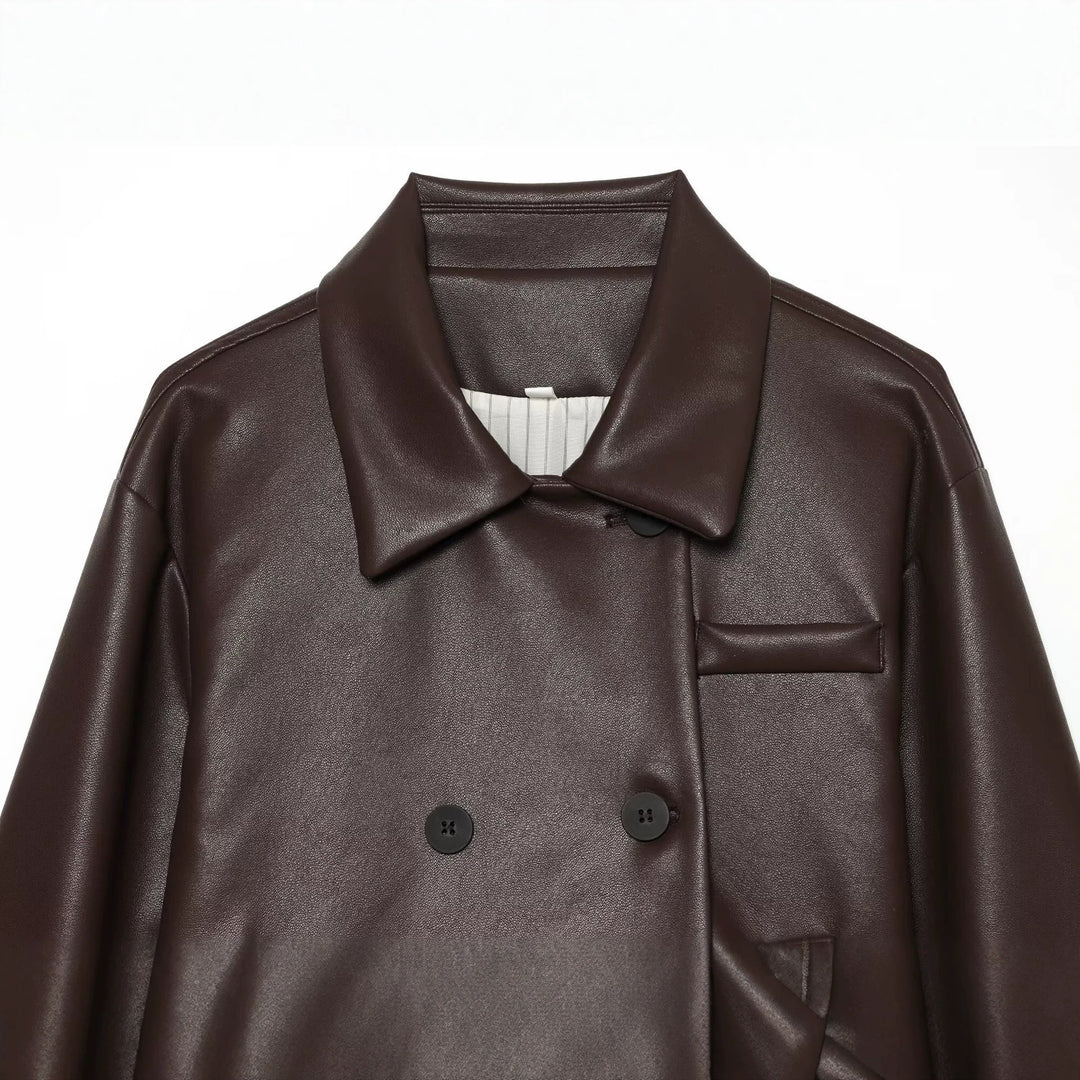 Damen Kurz geschnittene doppelreihige Kunstlederjacke mit weitem Hemdkragen Drune