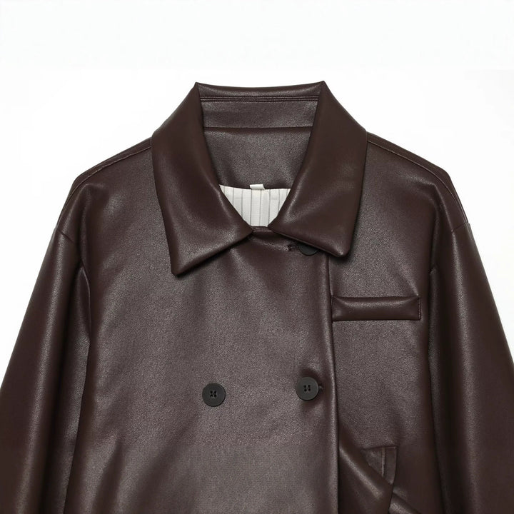 Damen Kurz geschnittene doppelreihige Kunstlederjacke mit weitem Hemdkragen Drune