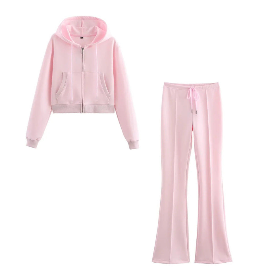 Damen 20+ zweiteiliges Joggingset mit Kapuzen‑Cropped‑Zipjacke und ausgestellter High‑Waist‑Palazzohose Drune