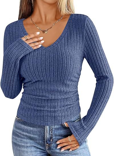 Damen Geripptes tailliertes Langarm-Feinstrickshirt mit V‑Ausschnitt und Ärmelschlitz Drune