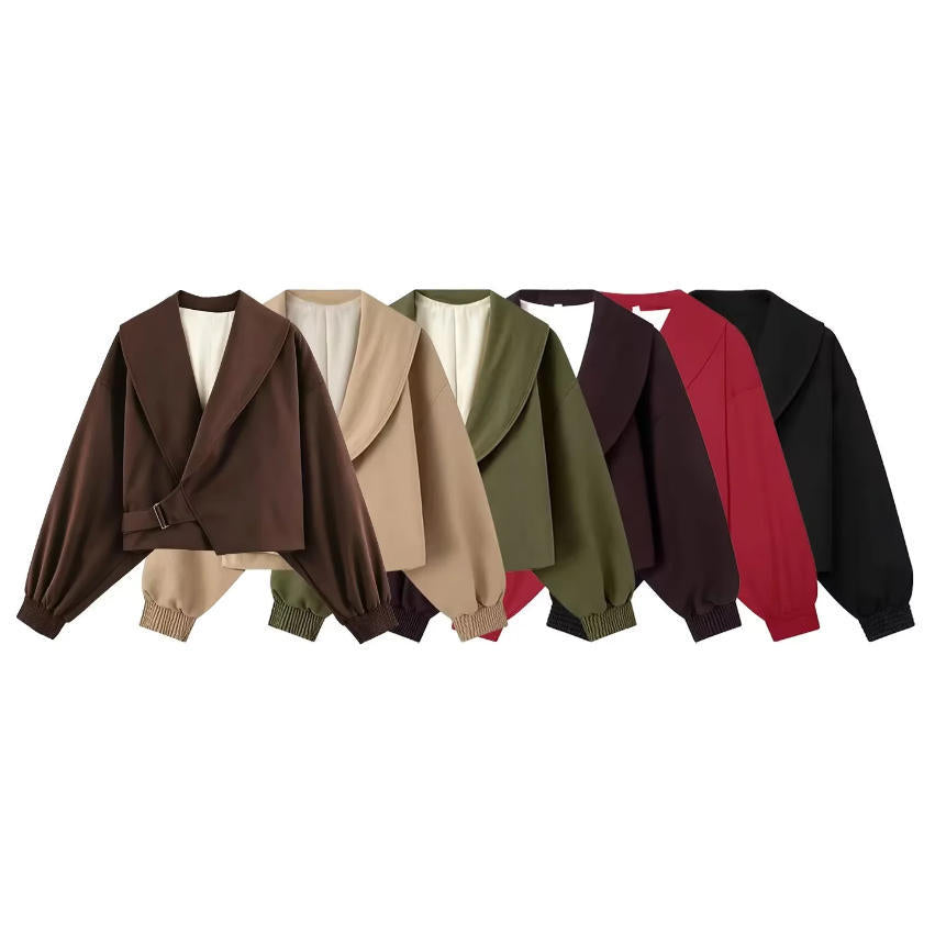 Damen 40+ Cropped Wickelblouson mit übergroßen Ballonärmeln und asymmetrischem Schnallenverschluss Drune