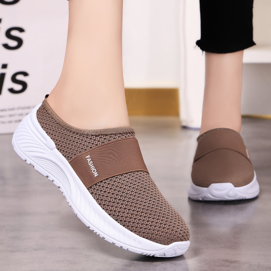 Damen nan atmungsaktive Strick-Slipper mit elastischem Mittelriemen und stoßabsorbierender Wellenlaufsohle Drune