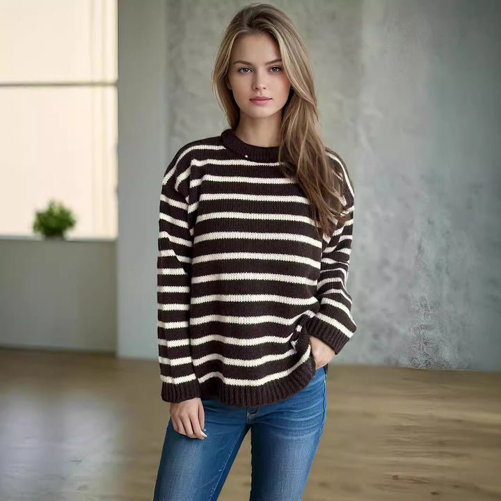 Damen lässiger Strickpullover mit breiten Streifen und oversized Passform Drune