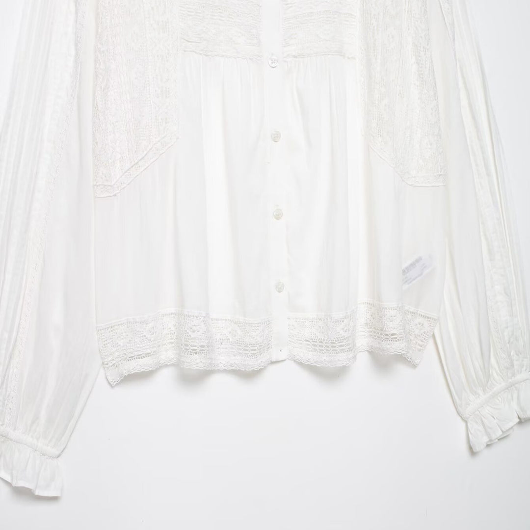 Damen Romantische Spitzenbluse mit Plisseefront, Spitzenpanelen und Ballonärmeln Drune