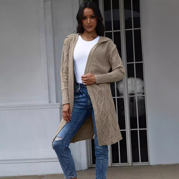 Damen Strickmantel mit elegantem Zopf-Design und bequemer Kapuze Drune