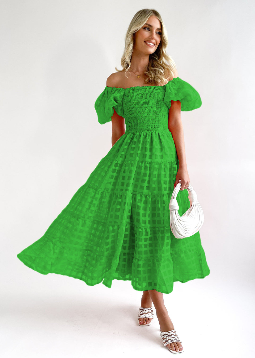 Damen Maxi-Kleid mit Puffärmeln und elastischem Oberteil Drune